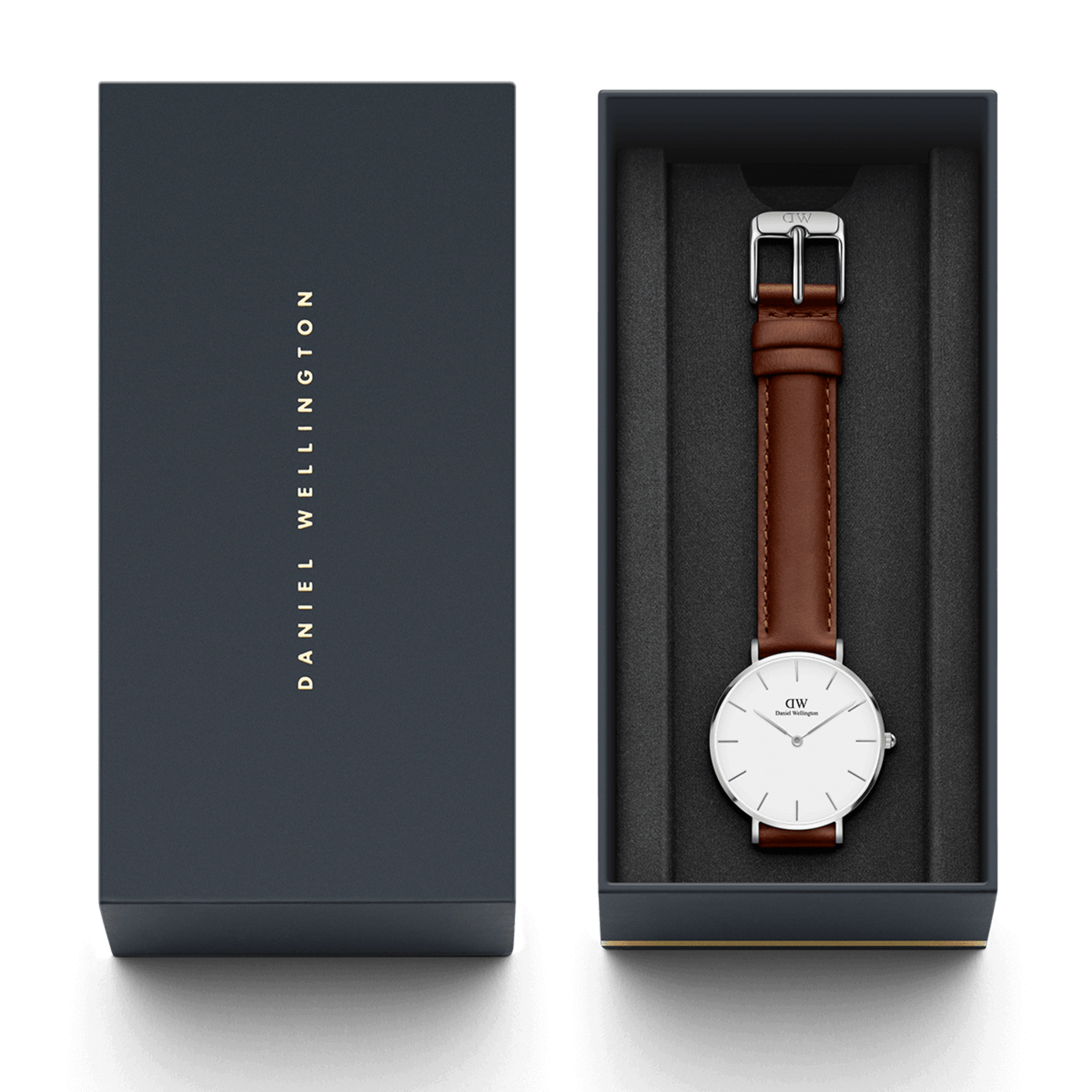 Daniel Wellington branded box packaging with watch displayed on brown leather strap