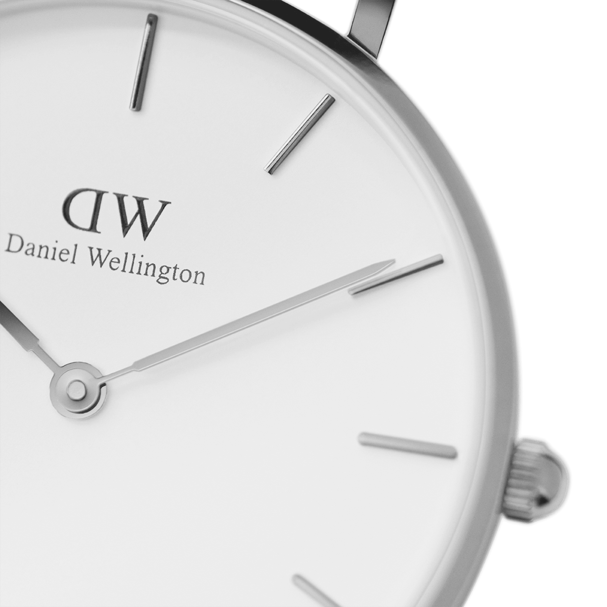 Close-up of Daniel Wellington watch dial showing DW logo and minimalist hour markers