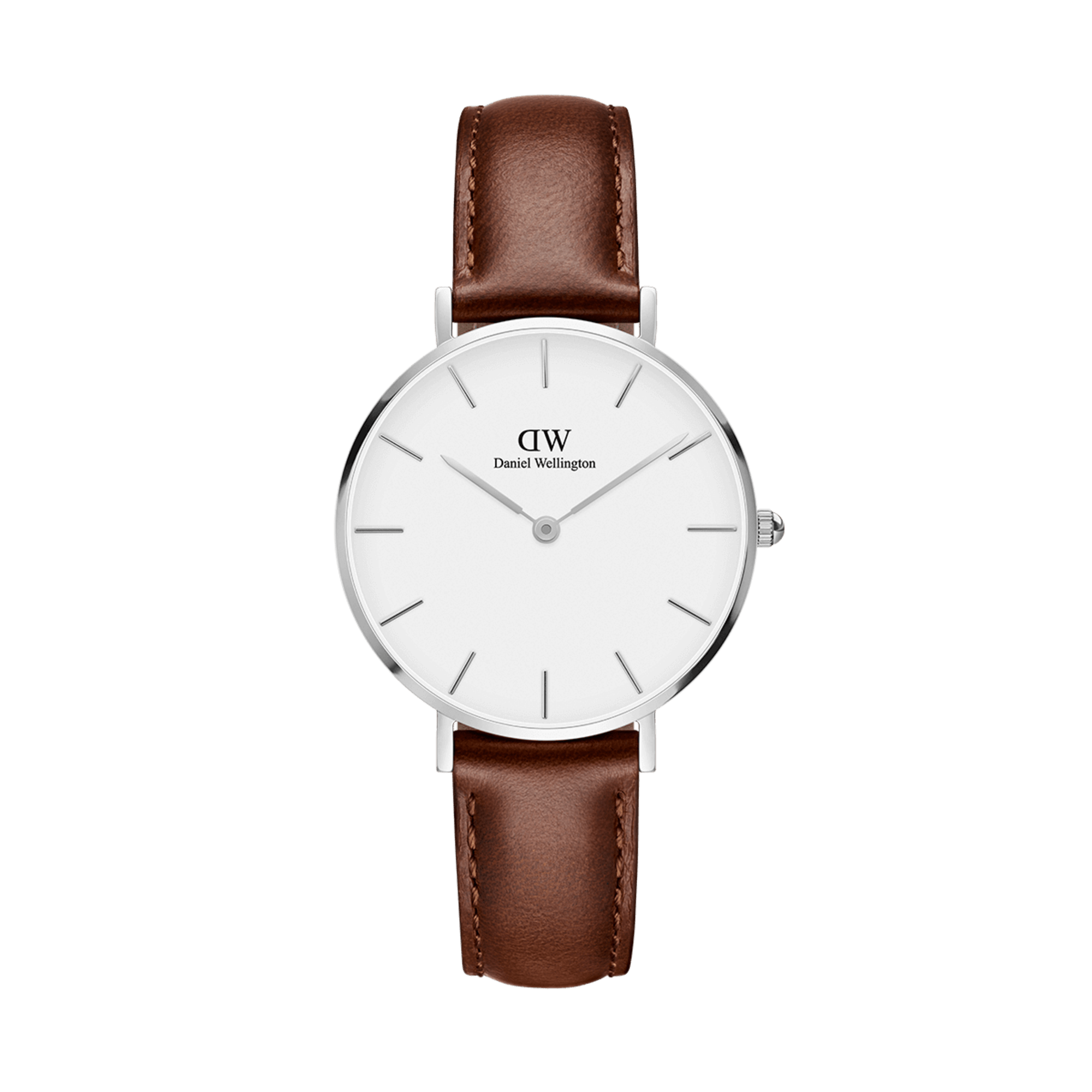 Daniel Wellington Classic Petite St Mawes silver 28mm women's watch with white dial and brown leather strap