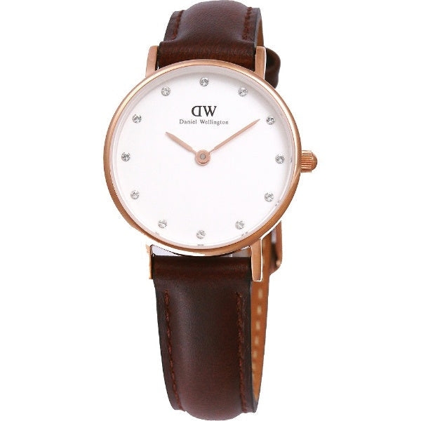 Daniel Wellington Classy Bristol watch three-quarter view showing rose gold case and brown leather strap
