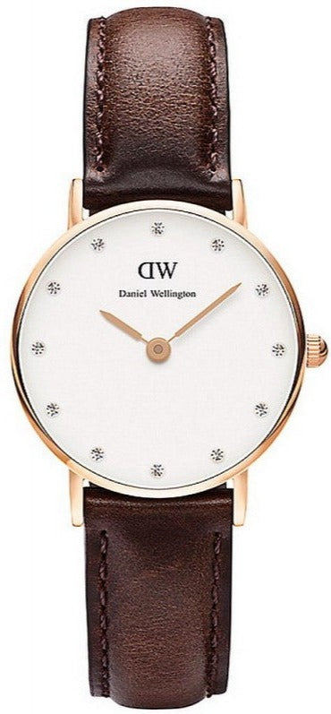 Daniel Wellington Classy Bristol women's watch with white dial, rose gold case, crystal accents, and brown leather strap