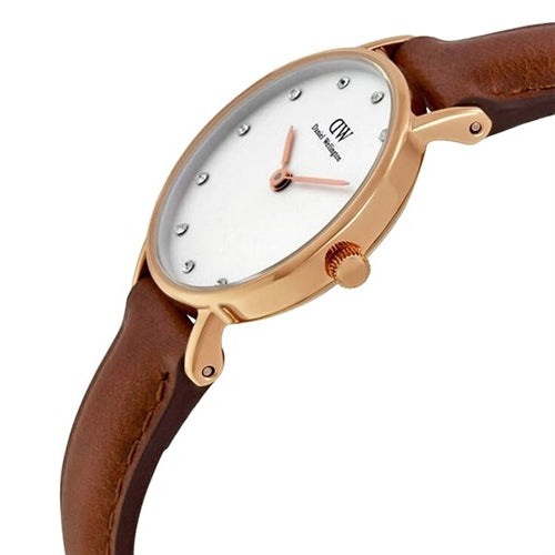 Daniel Wellington Classy St Mawes watch worn on wrist, showing rose gold case and brown leather strap