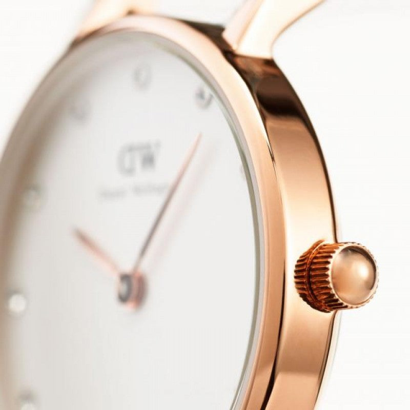 Side view of Daniel Wellington Classy St Mawes watch showing rose gold case profile and crown detail