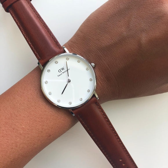 Daniel Wellington Classy St Mawes White Dial Brown Leather Strap Watch For Women - DW00100079