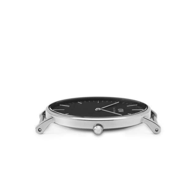 Daniel Wellington Cornwall 36mm watch caseback showing dial and silver lugs