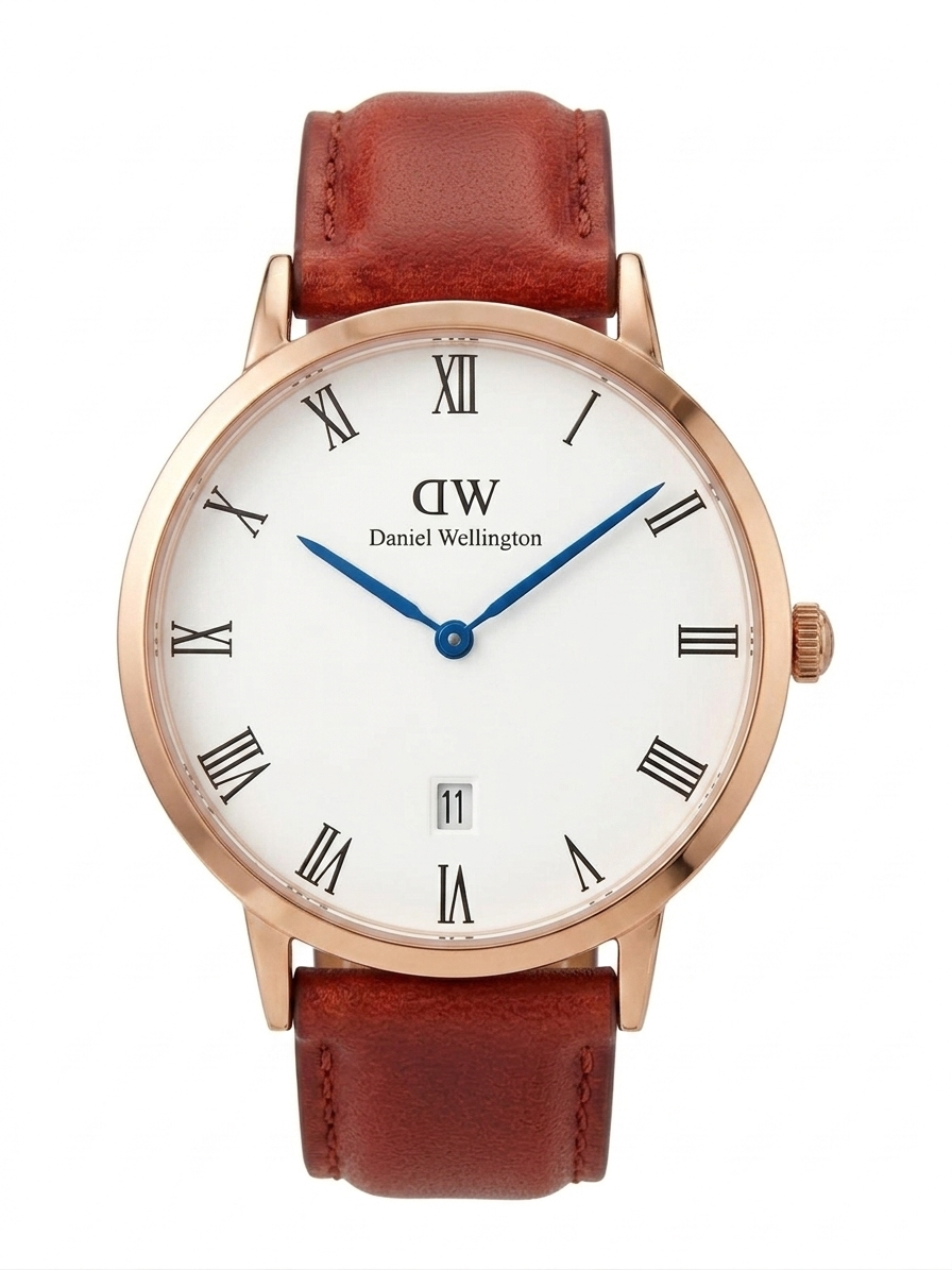 Daniel Wellington Dapper 38mm watch with white dial, Roman numerals, rose gold case, and brown leather strap