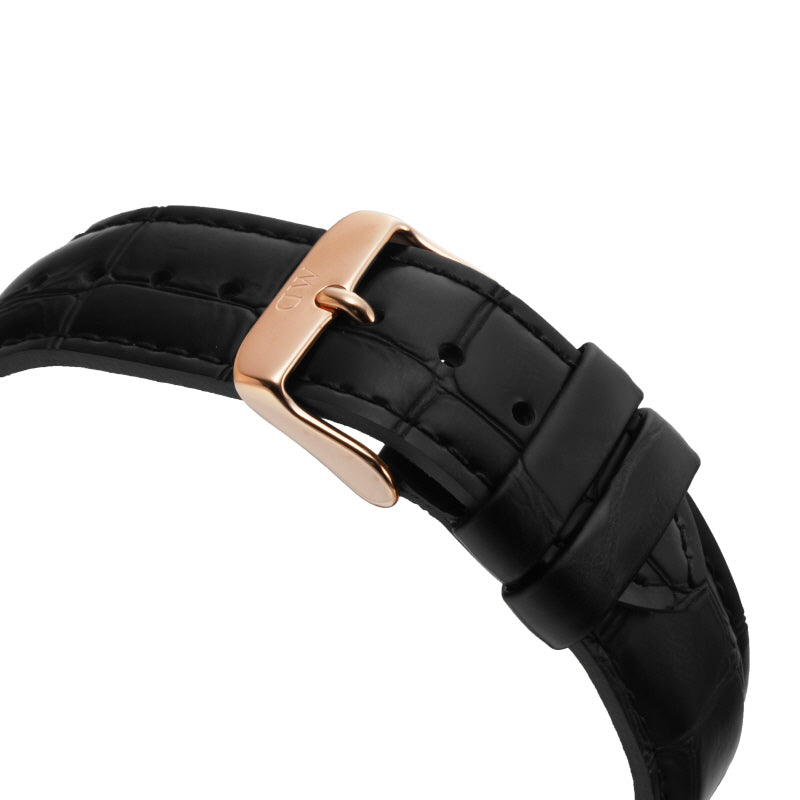 Black genuine leather crocodile-embossed strap with rose gold buckle detail