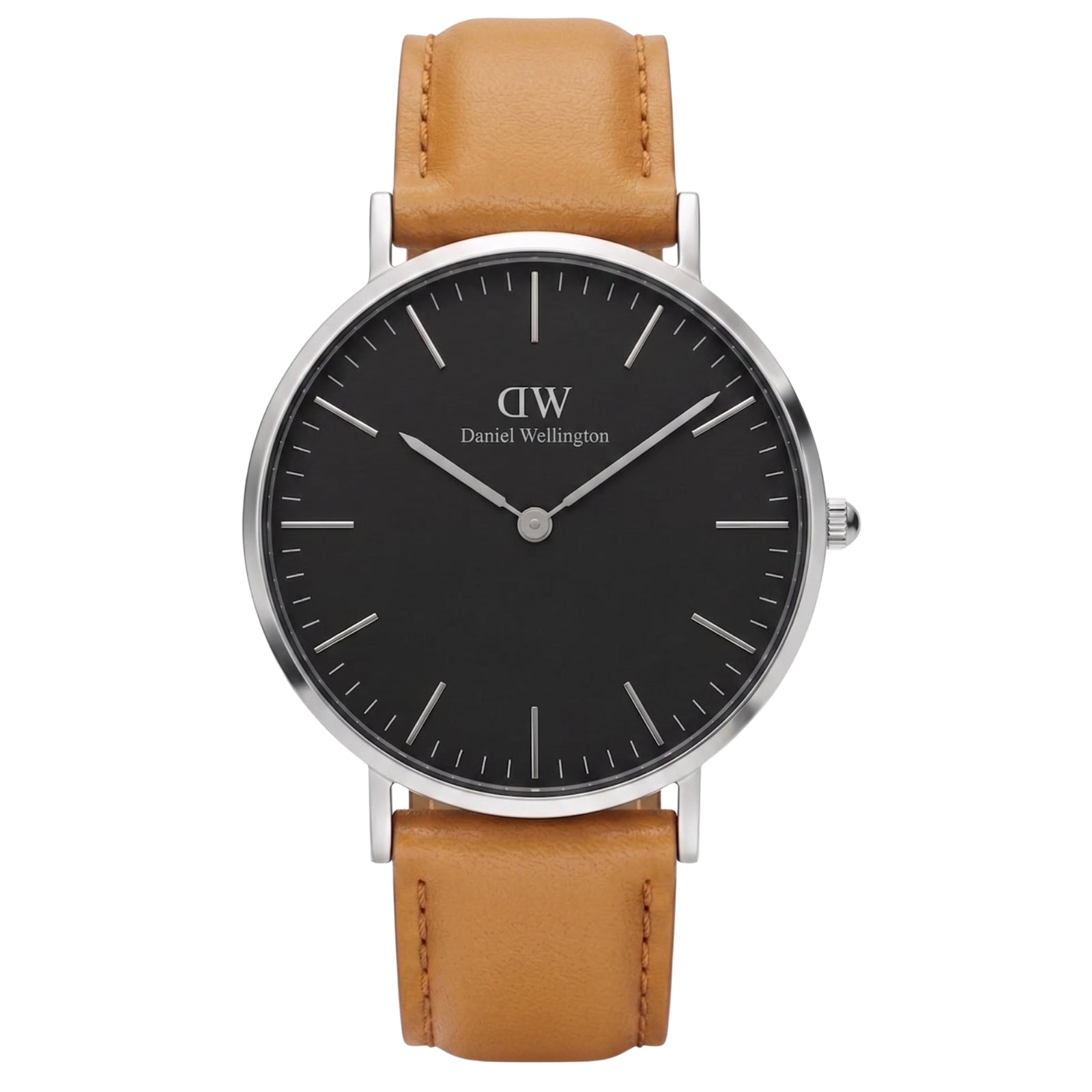 Daniel Wellington Durham 36mm watch with black dial, silver case, and tan leather strap
