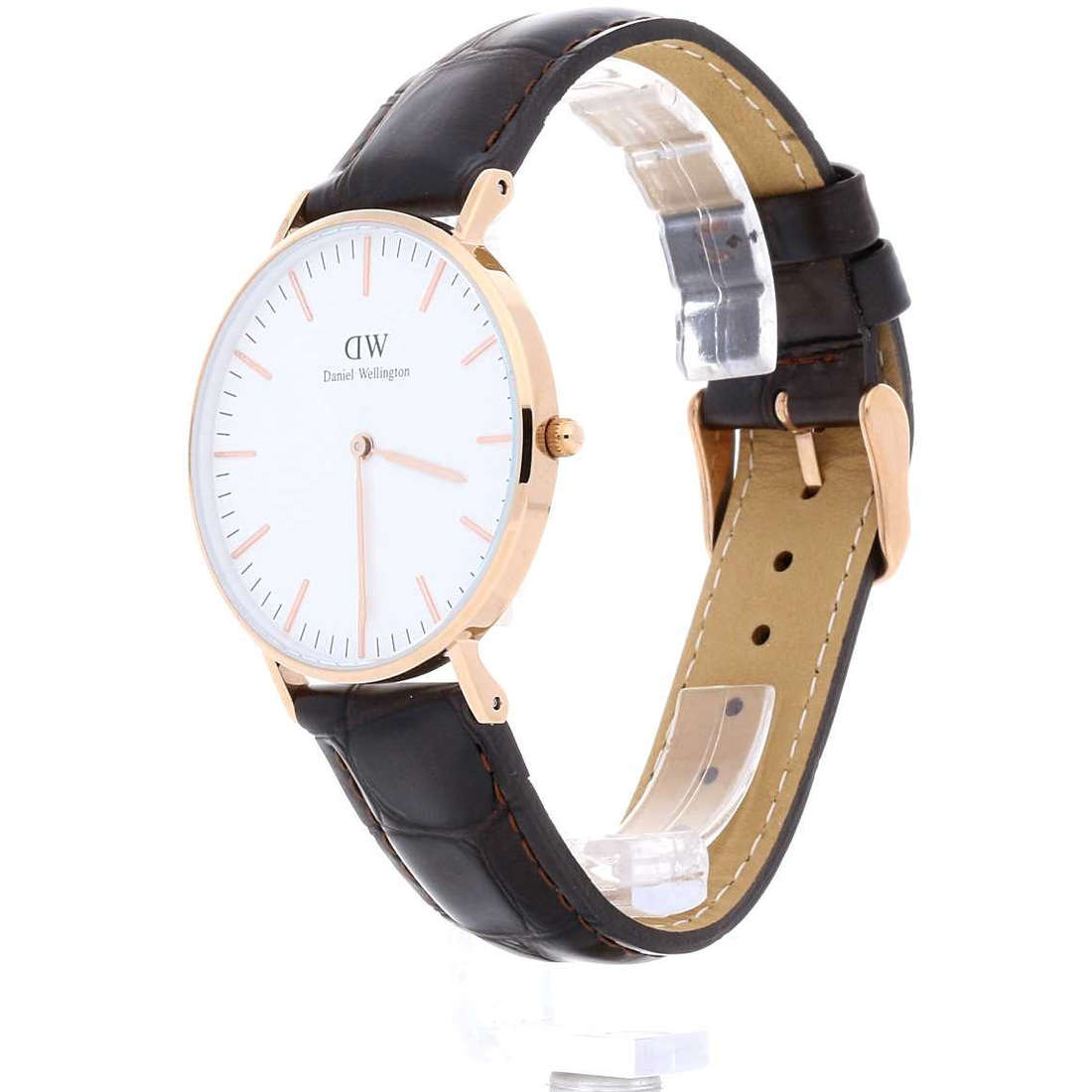 Daniel Wellington Classic York 36mm watch from side angle showing rose gold case and crocodile-textured brown leather band