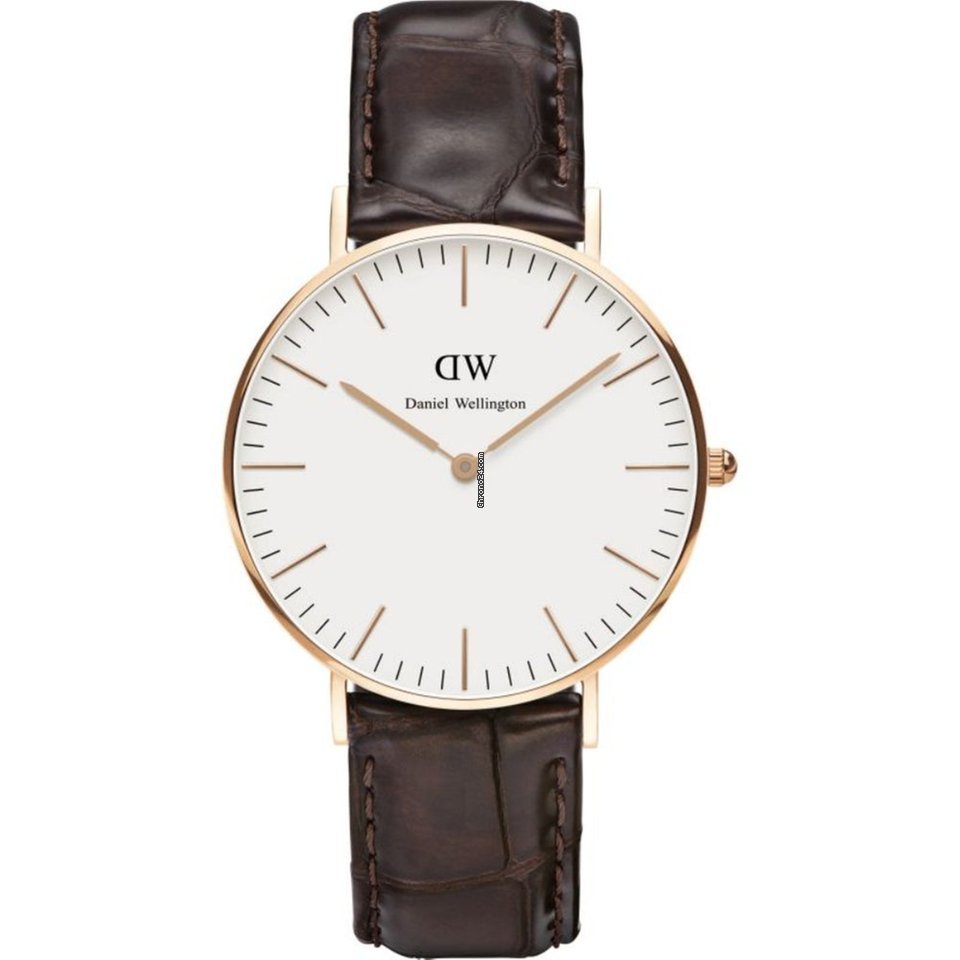 Daniel Wellington Classic York 36mm white dial watch with rose gold case and dark brown leather strap