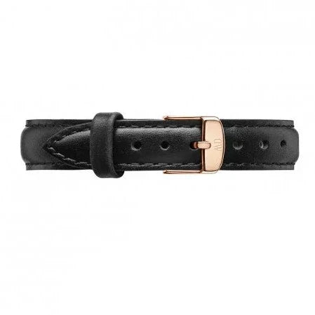Full black leather strap with rose gold hardware and adjustment holes