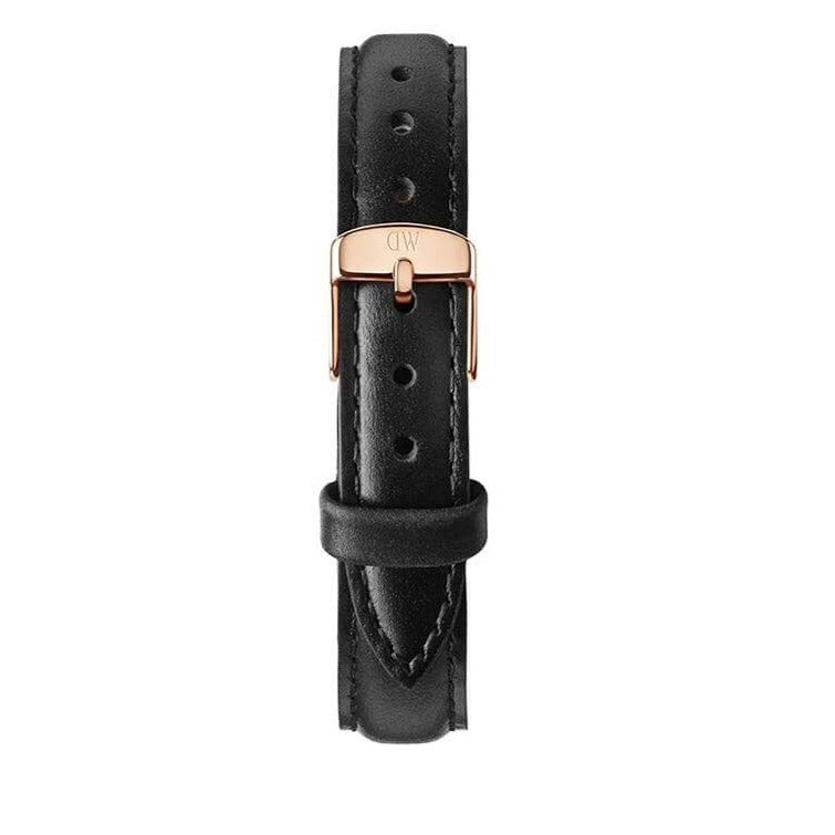Black leather strap with rose gold buckle closure detail