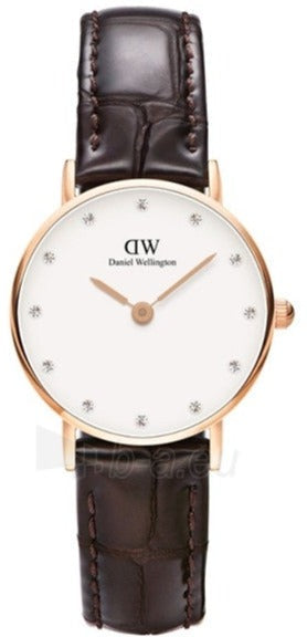 Daniel Wellington Classy York women's watch with white dial, rose gold case, and brown leather strap, front view