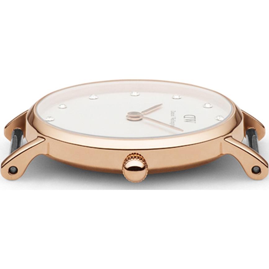 Side view of Daniel Wellington Classy York showing rose gold case profile with crown and brown leather strap attachment