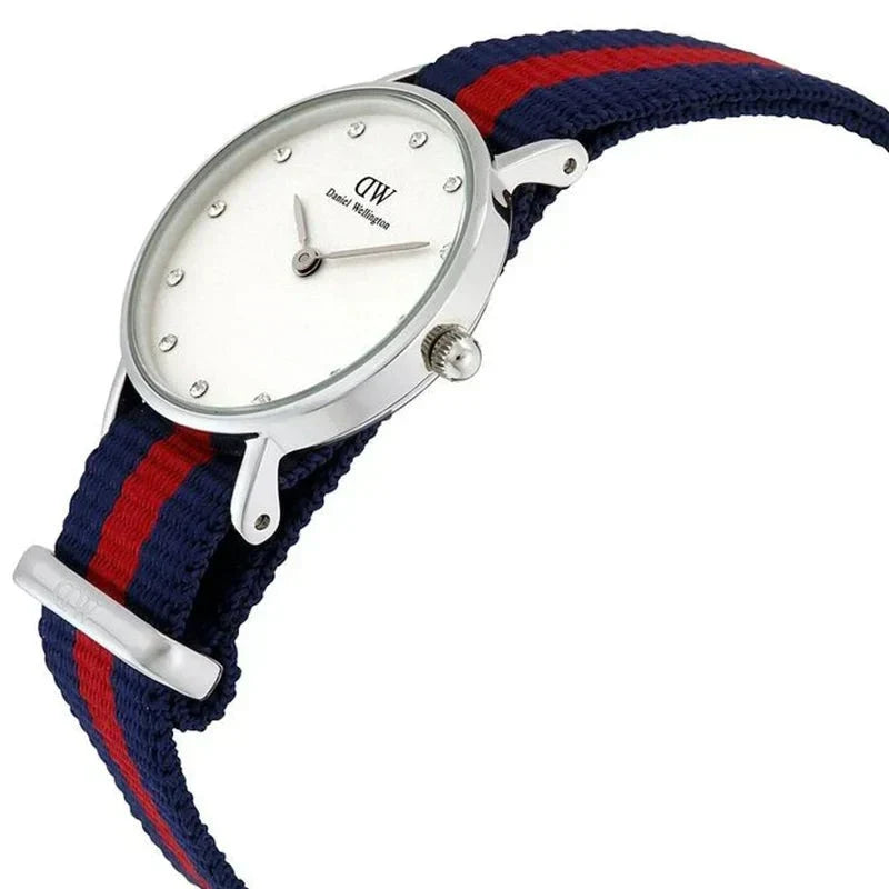 Daniel Wellington Classy Oxford watch side angle showing case and navy-red striped strap