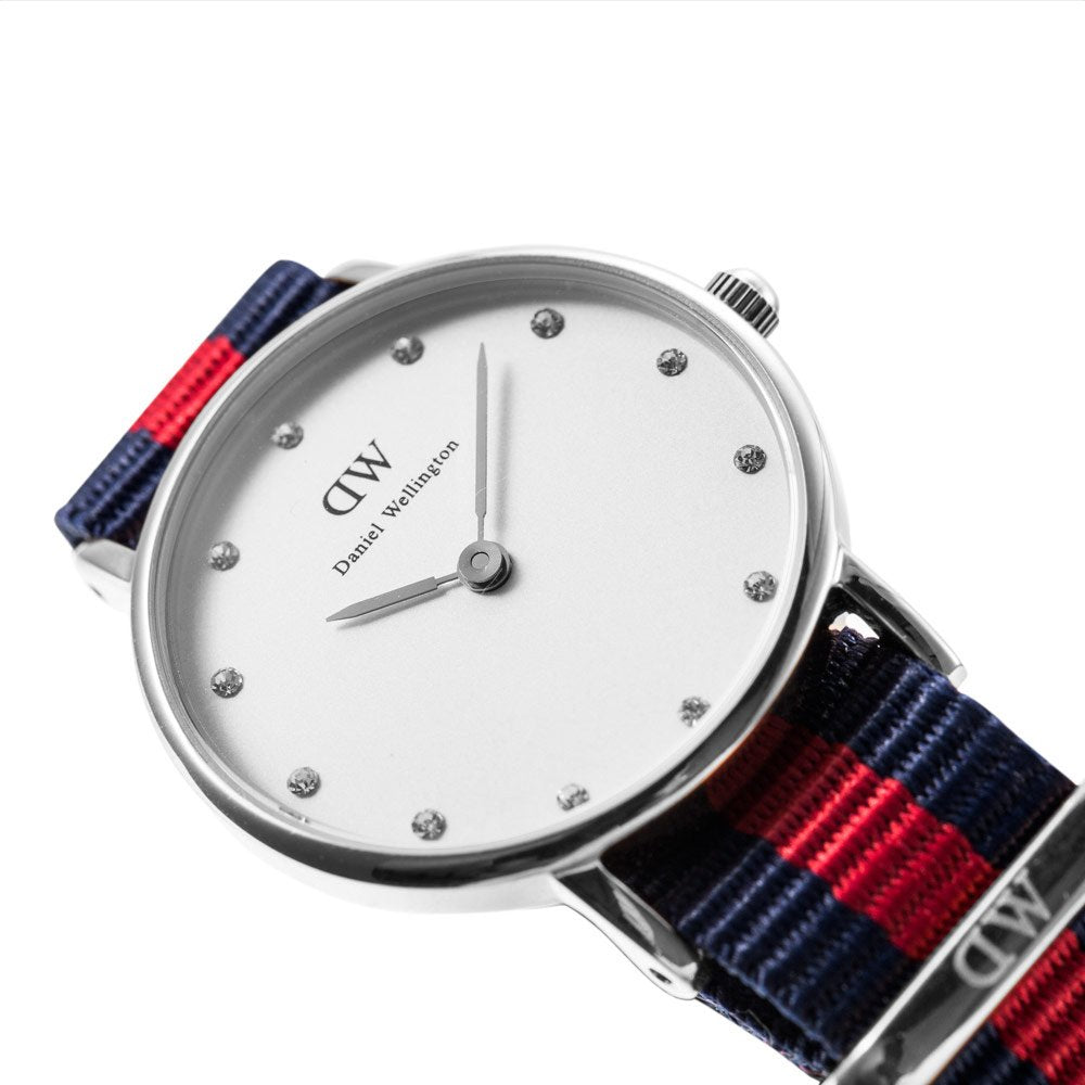 Daniel Wellington Classy Oxford watch side profile with navy-red striped fabric strap