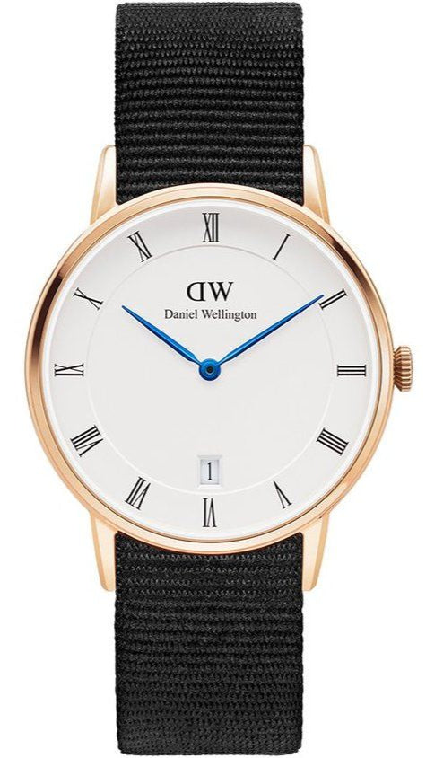 Daniel Wellington Dapper Cornwall women's watch with white dial, Roman numerals, rose gold case, and black nylon strap