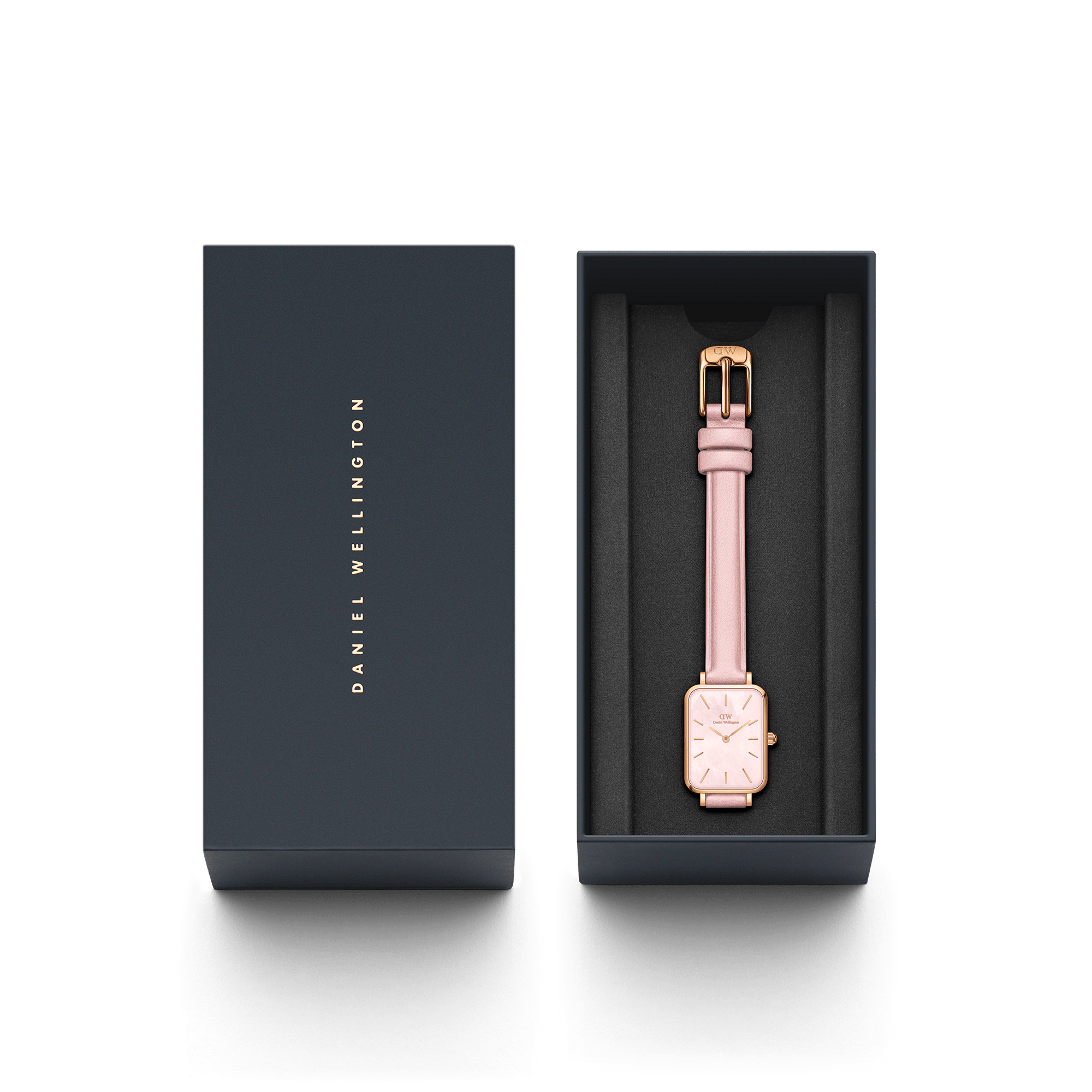 Daniel Wellington watch with pink strap in branded presentation box