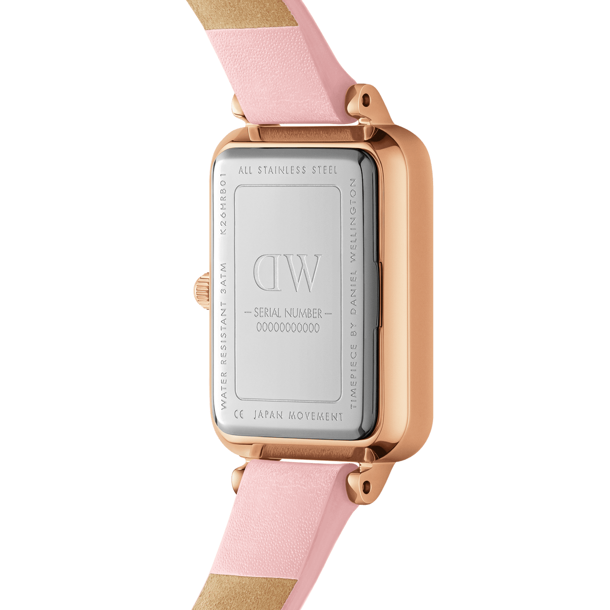 Daniel Wellington watch caseback showing stainless steel case and serial number engraving