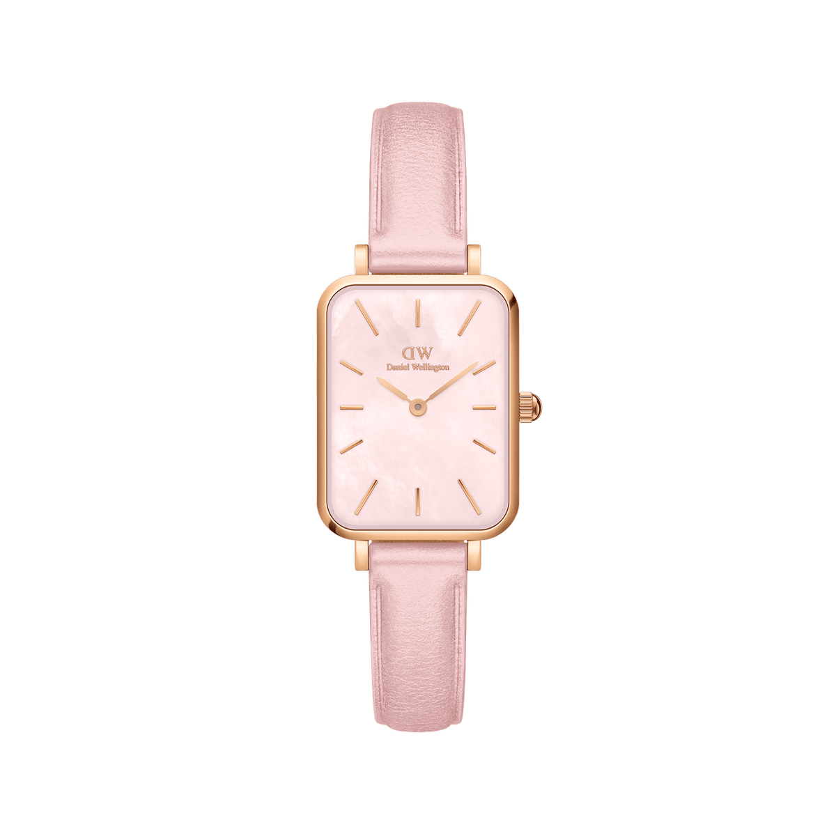 Daniel Wellington rose gold rectangular watch with white dial and pink leather strap