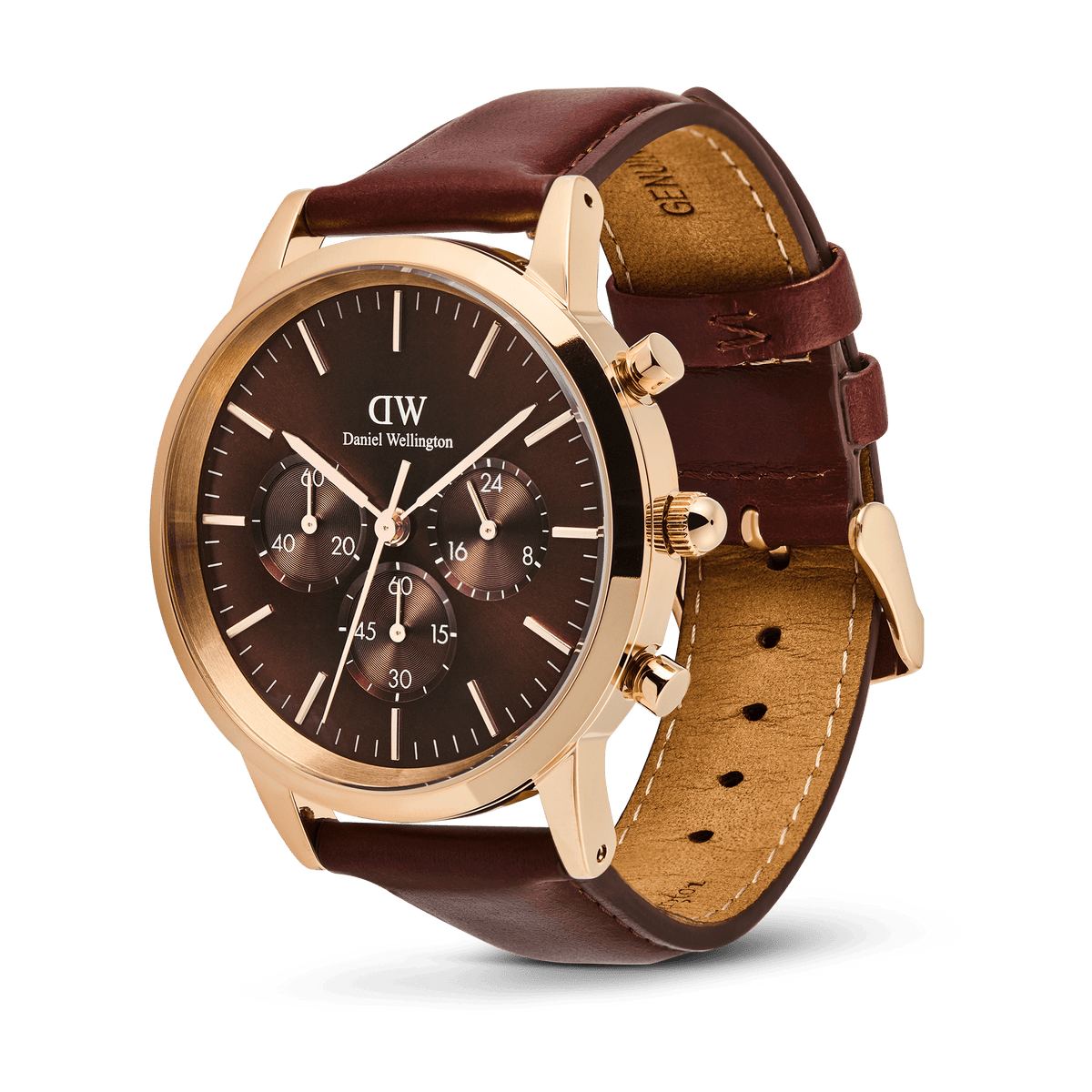 Daniel Wellington Iconic Chronograph St Mawes at angle showing rose gold case and leather strap