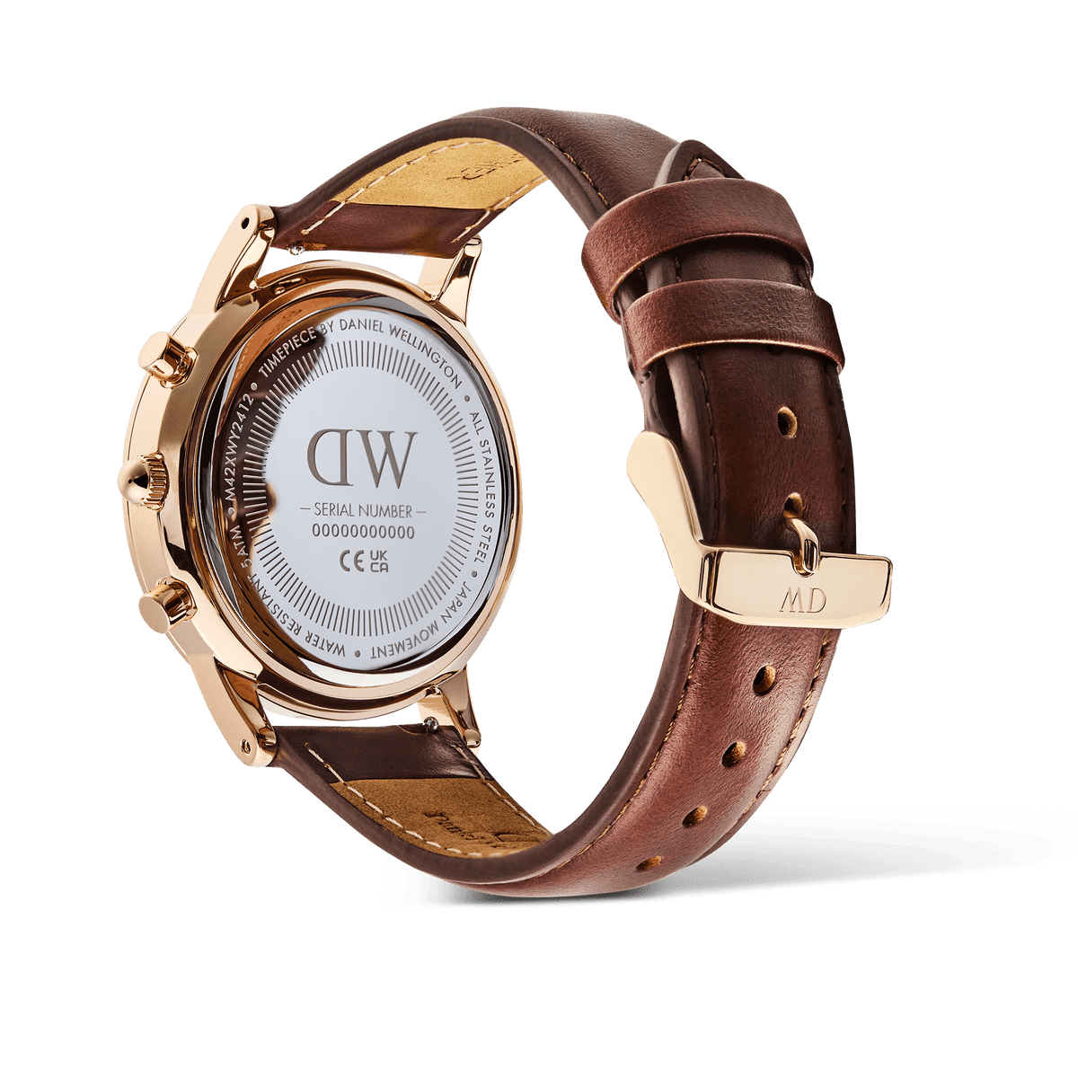 Daniel Wellington watch caseback showing serial number and engraving on rose gold case
