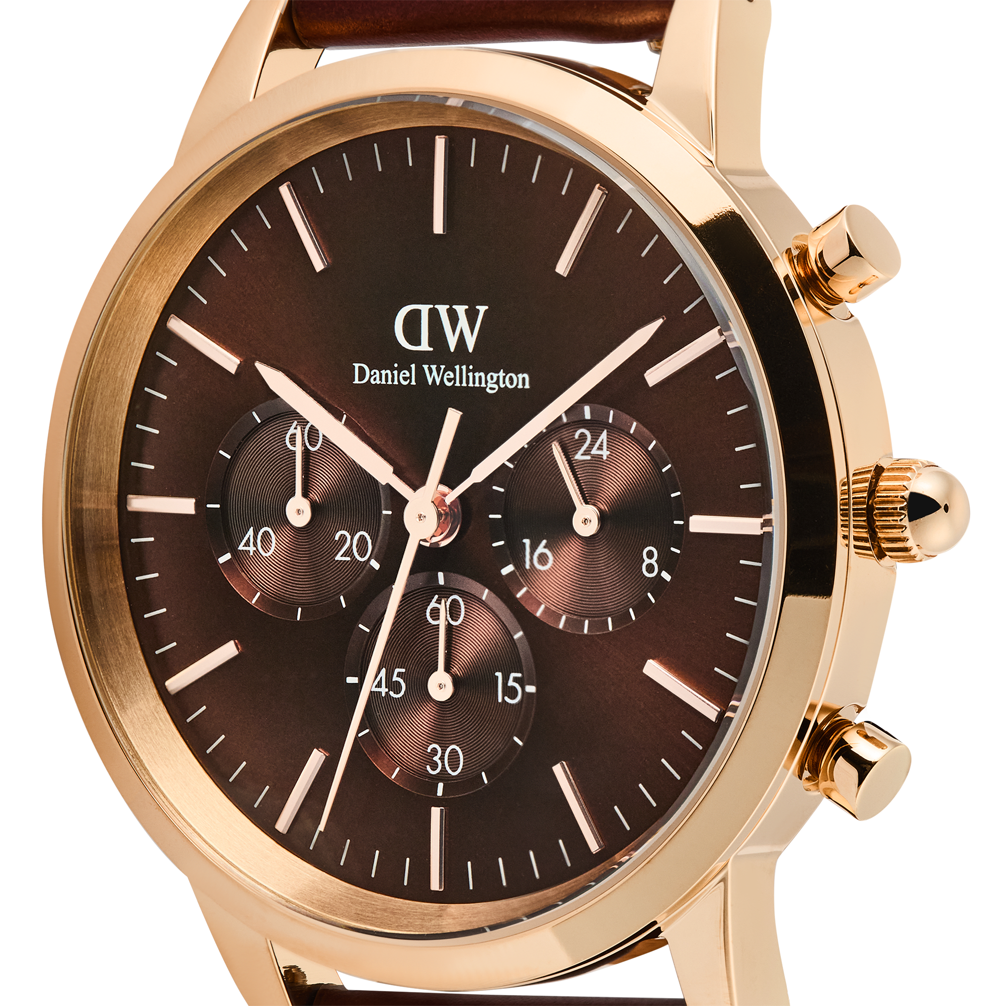 Close-up of Daniel Wellington Iconic Chronograph dial with rose gold hands and brown subdials