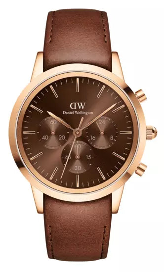 Daniel Wellington Iconic Chronograph St Mawes rose gold chronograph watch with brown leather strap