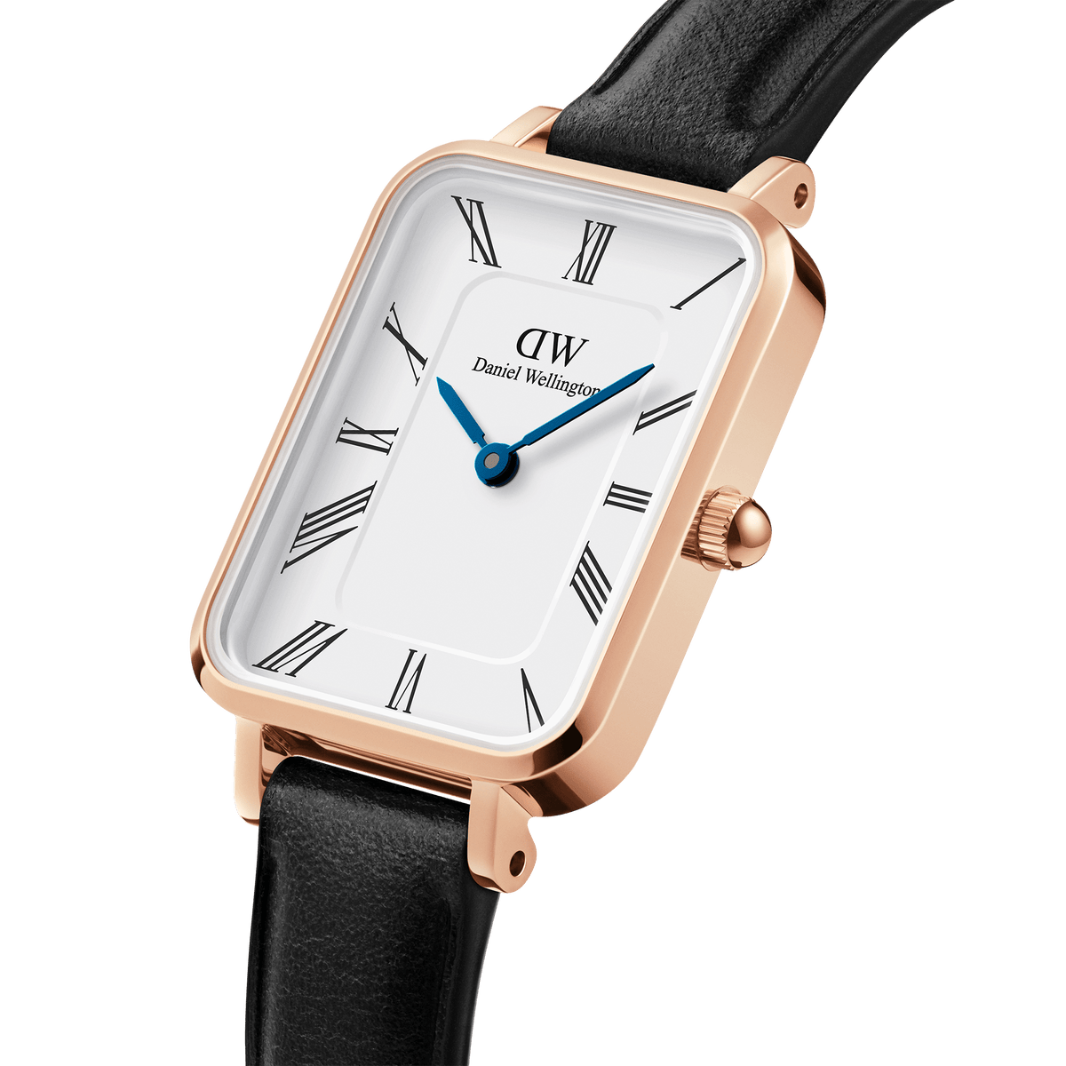 Daniel Wellington rose gold watch at angle showing rectangular case with Roman numeral dial