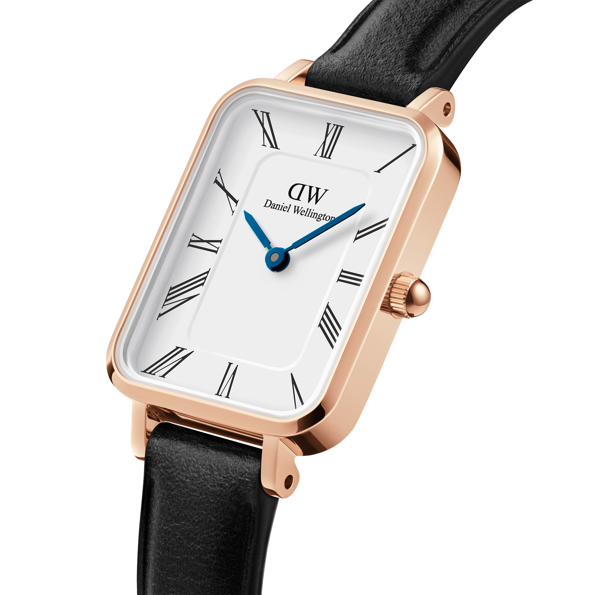Daniel Wellington rose gold watch at angle showing rectangular case with Roman numeral dial