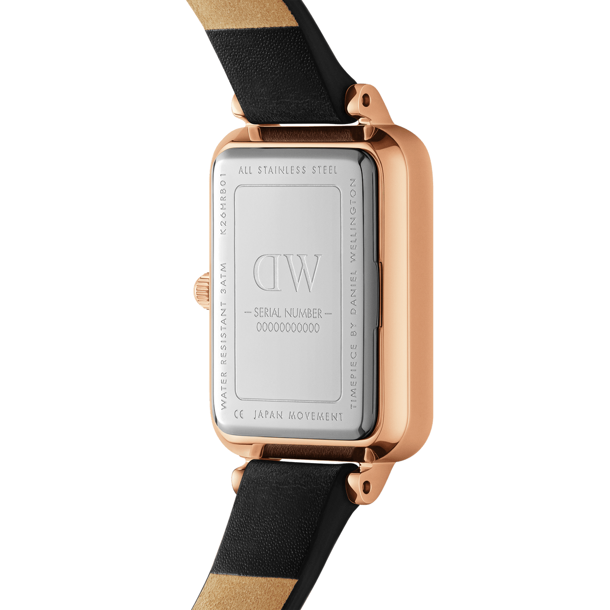 Daniel Wellington rose gold case back showing stainless steel with DW logo and serial number