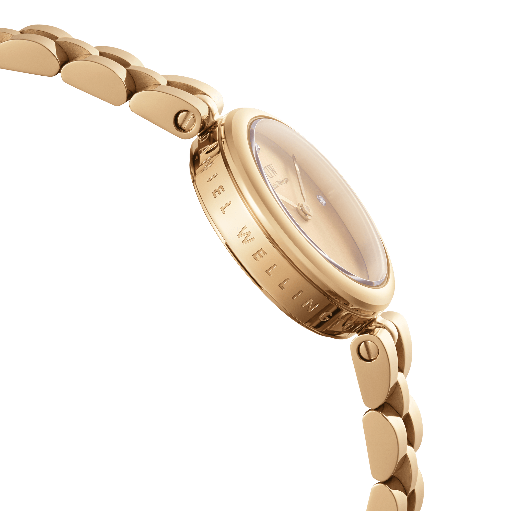 Side angle view of Elan Lumine watch with gold link bracelet and engraved lugs