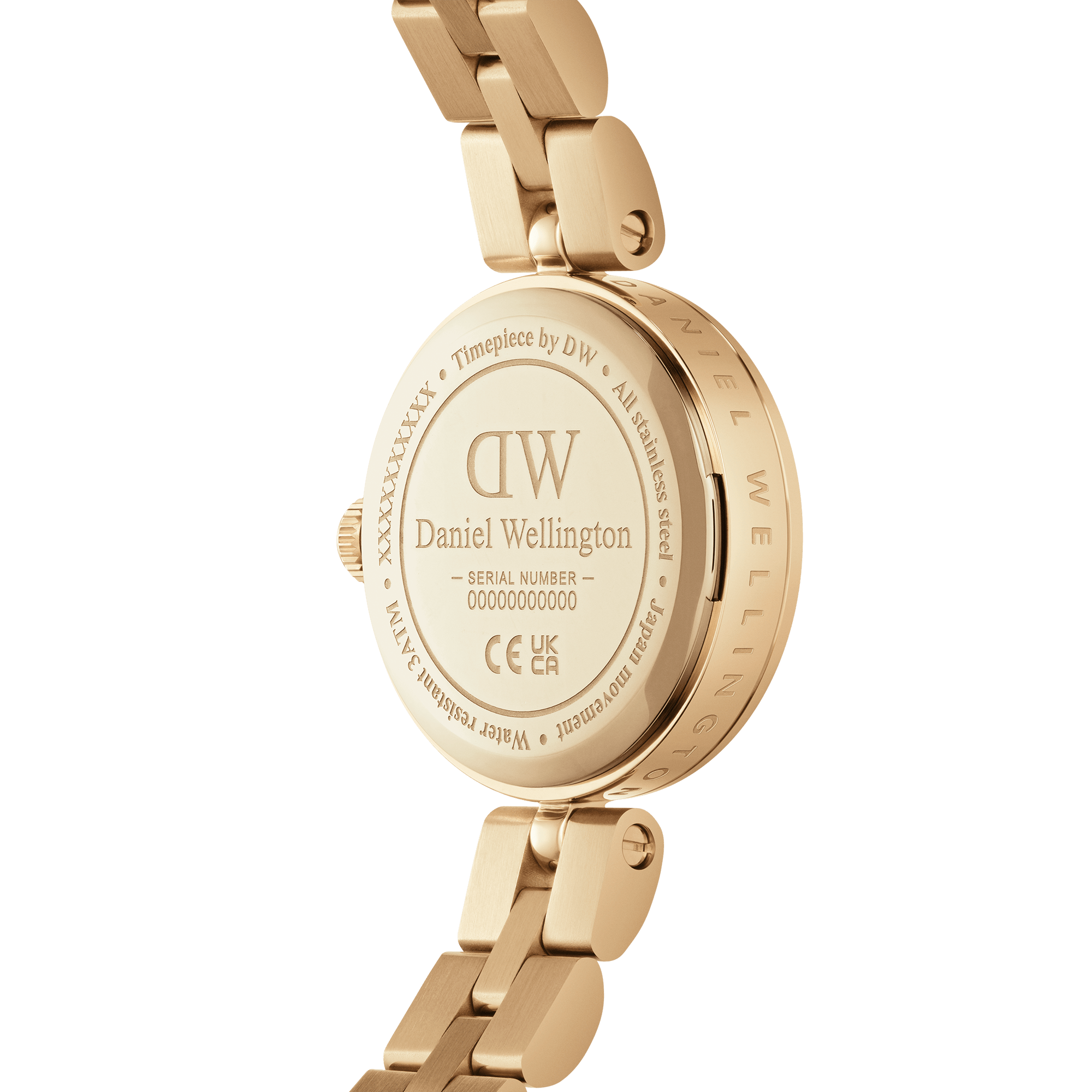 Caseback of Daniel Wellington Elan Lumine with engraved branding and serial number