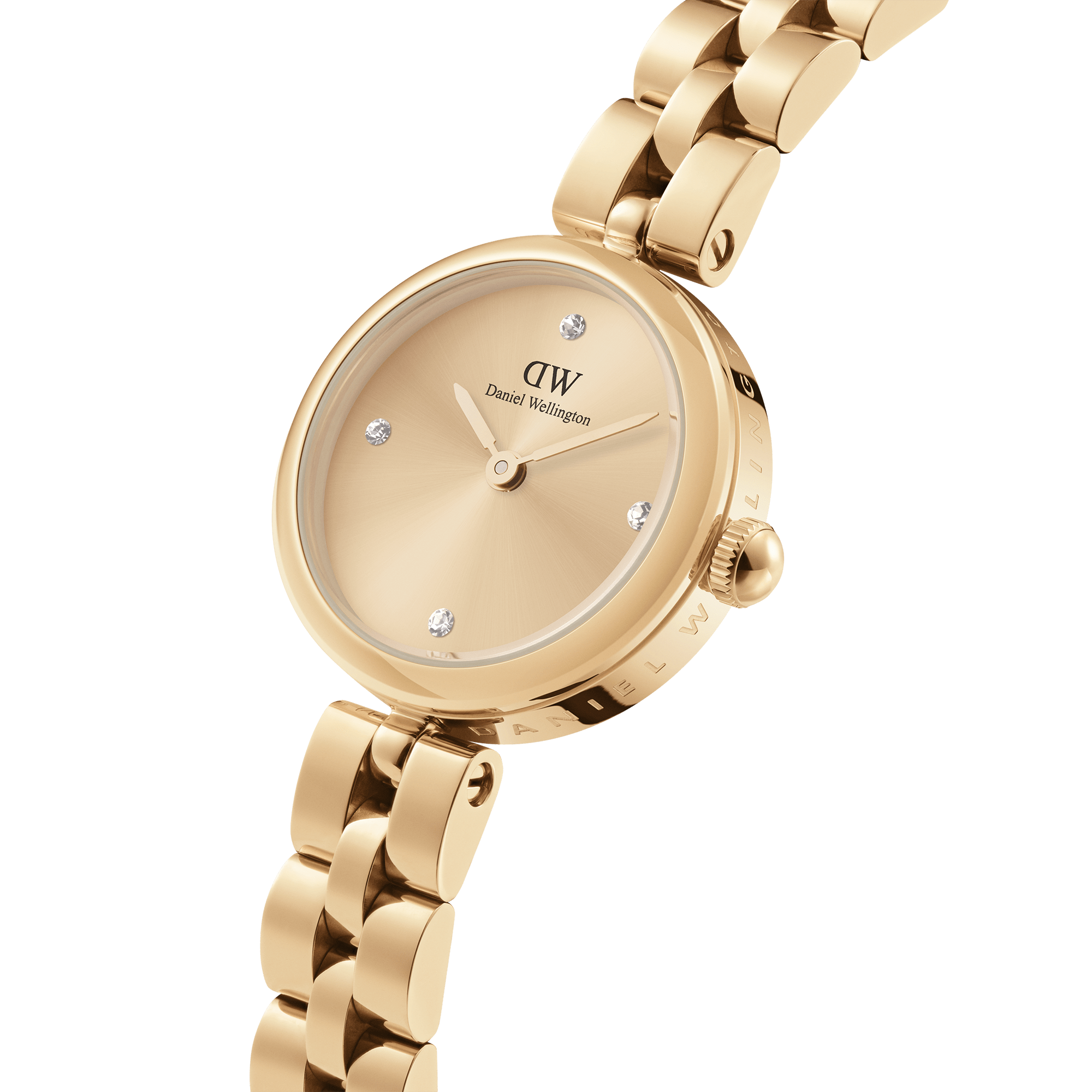 Angled view of Elan Lumine gold watch with champagne dial and link bracelet