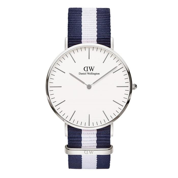 Daniel Wellington Glasgow 40mm white dial men's silver watch with navy and white striped strap