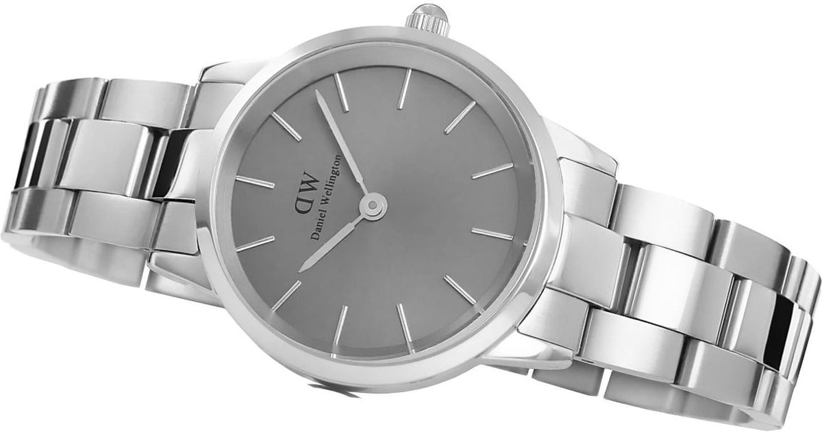 Daniel Wellington Link watch angled view showing grey sunburst dial and silver steel strap