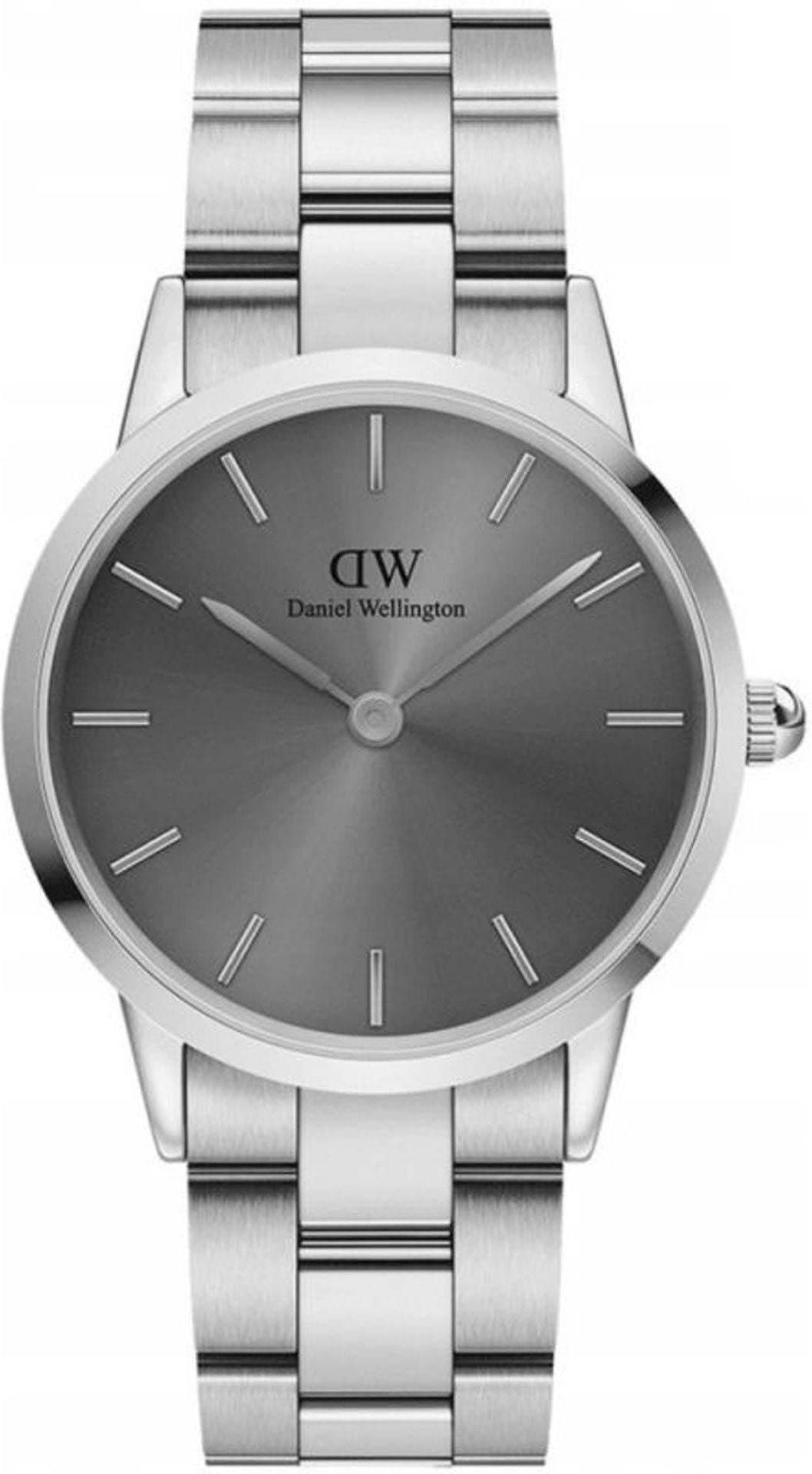 Daniel Wellington Link watch with grey dial and silver steel bracelet, front view