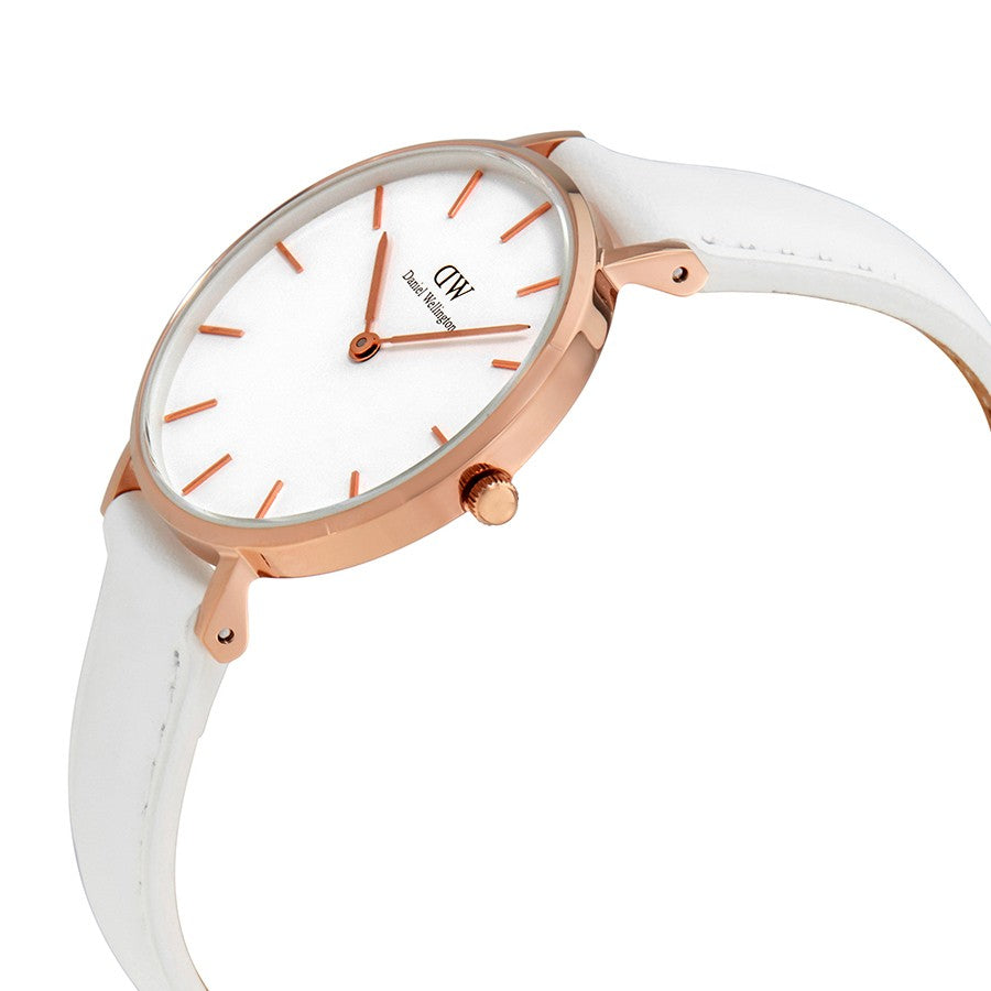 Side angle view of Daniel Wellington Petite Bondi with rose gold case and white leather strap