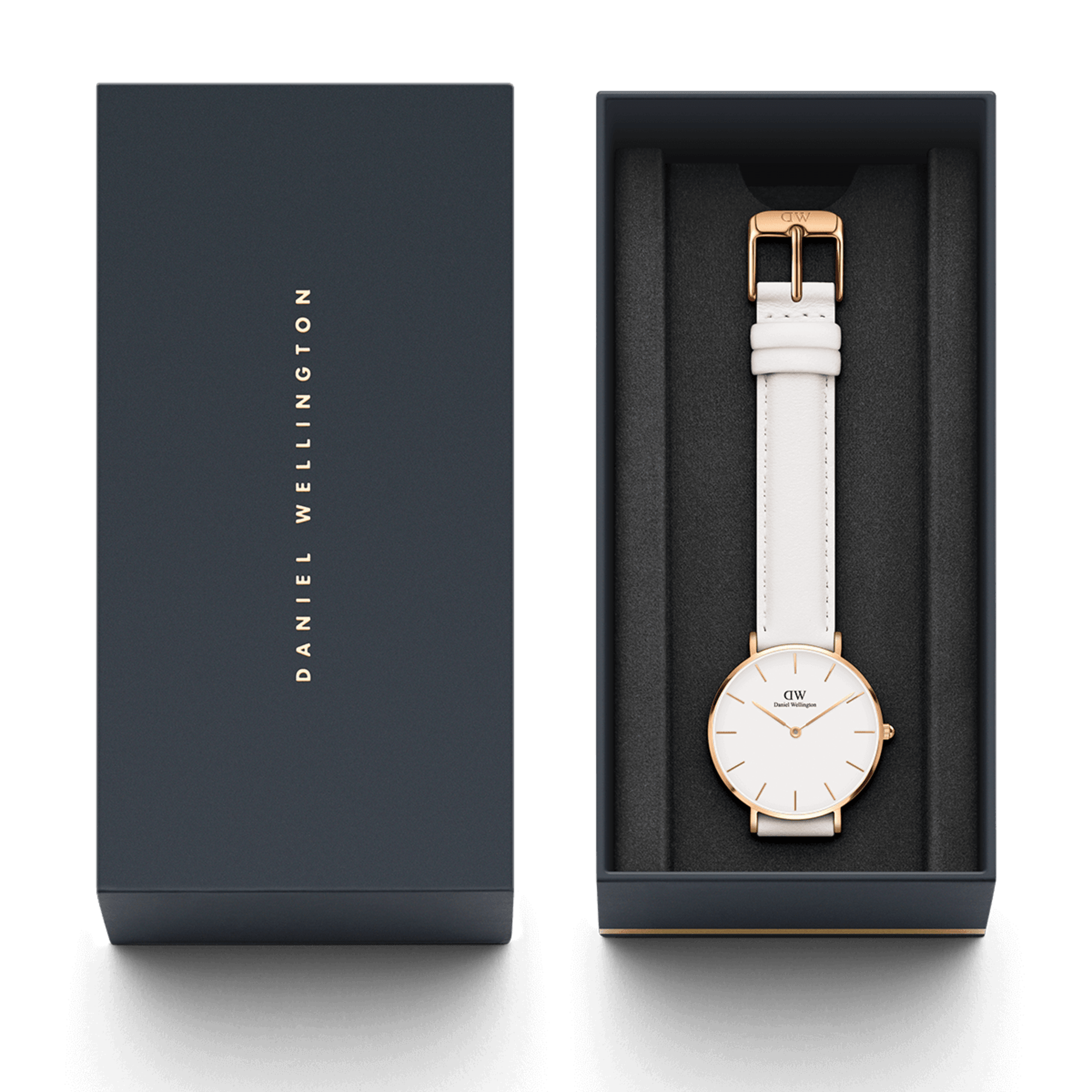 Daniel Wellington branded navy box with white leather strap and rose gold watch inside