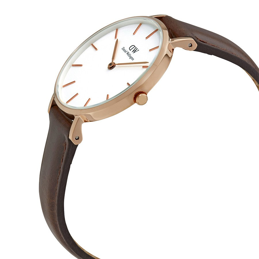 Side angle view of Daniel Wellington Petite Bristol watch with brown leather strap and rose gold case