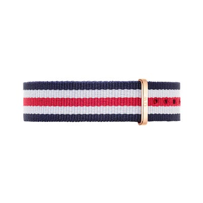 Daniel Wellington 12mm NATO strap with navy, white, and red stripes and rose gold hardware