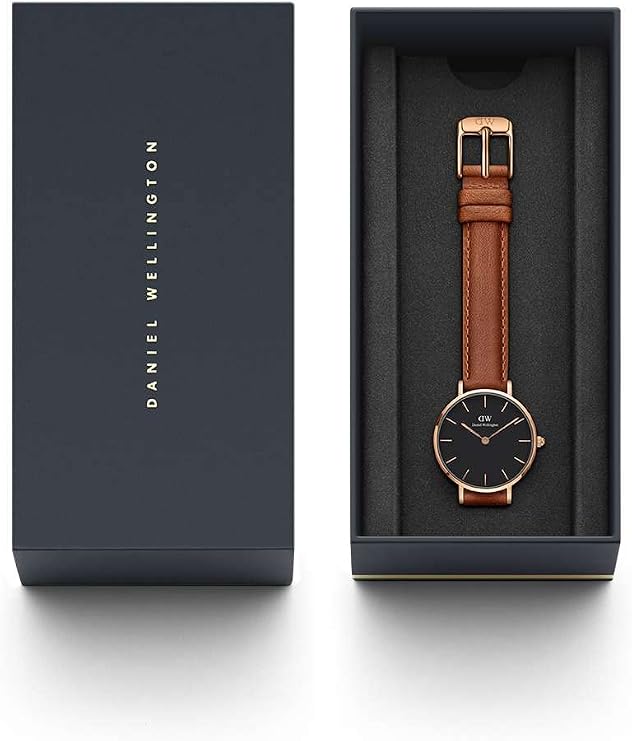 Daniel Wellington Classic Petite Durham watch with brown leather strap displayed in branded packaging box