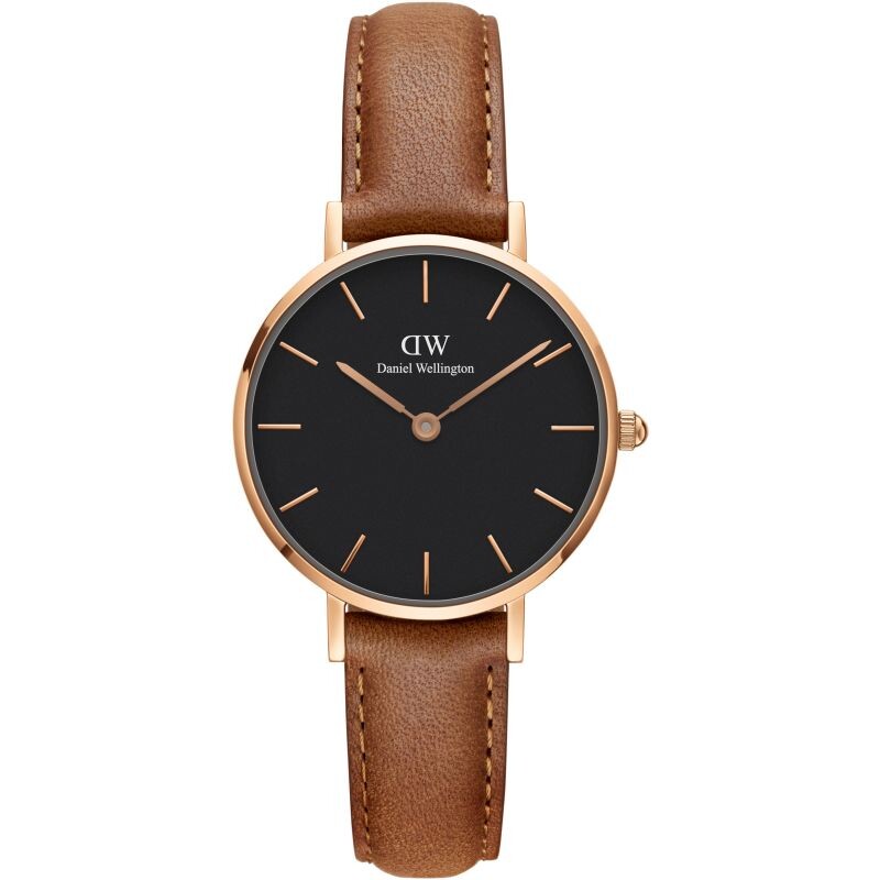 Daniel Wellington Classic Petite 28mm Durham watch with black dial, rose gold case, and brown leather strap