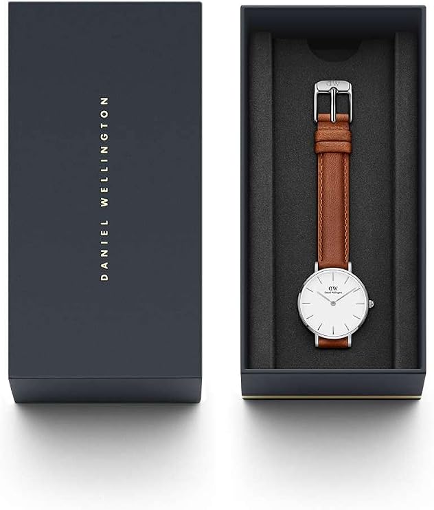Daniel Wellington Petite Durham watch in branded packaging box with brown leather strap