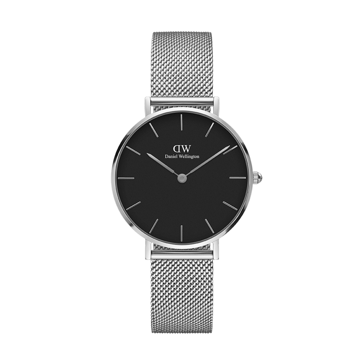 Daniel Wellington Petite 32mm watch with black dial and steel mesh strap