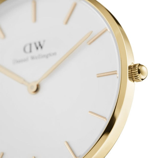 Daniel Wellington Petite Evergold watch angled view showing gold case and crown detail