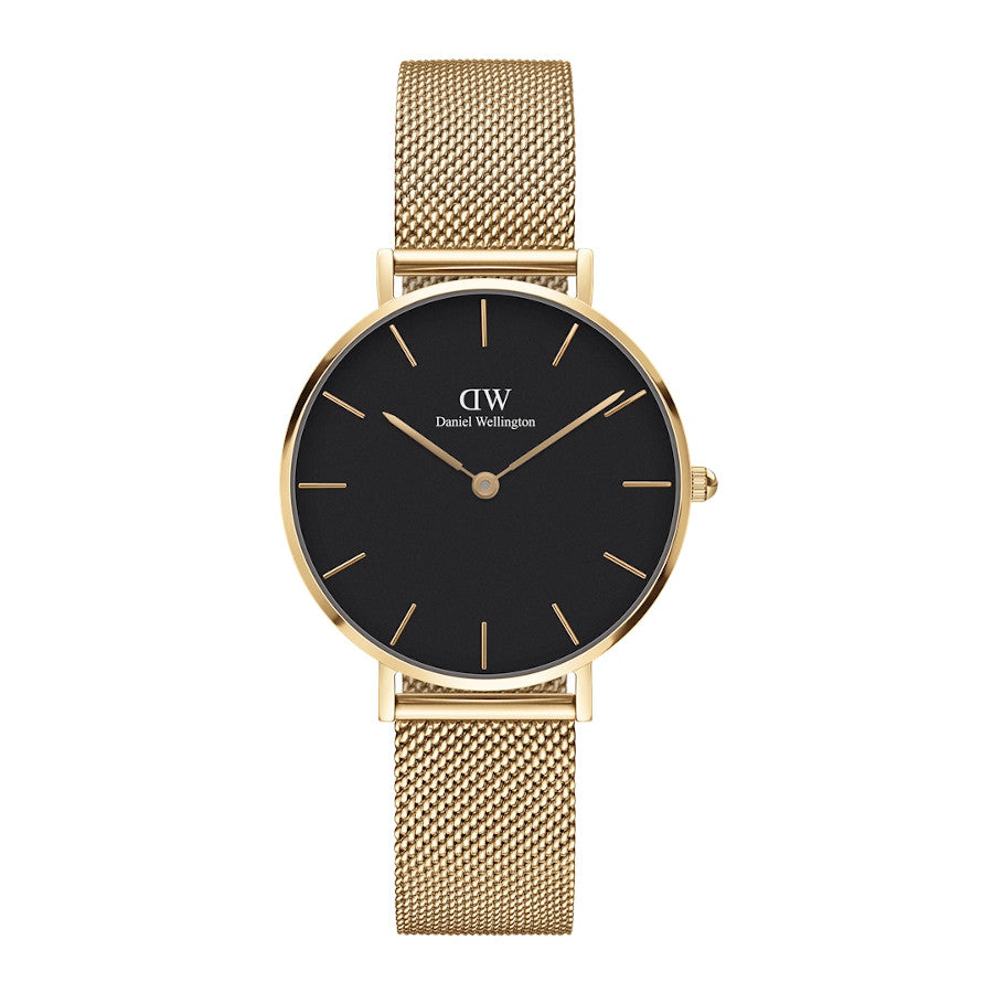 Daniel Wellington Petite Evergold 32mm watch with black dial and gold mesh strap