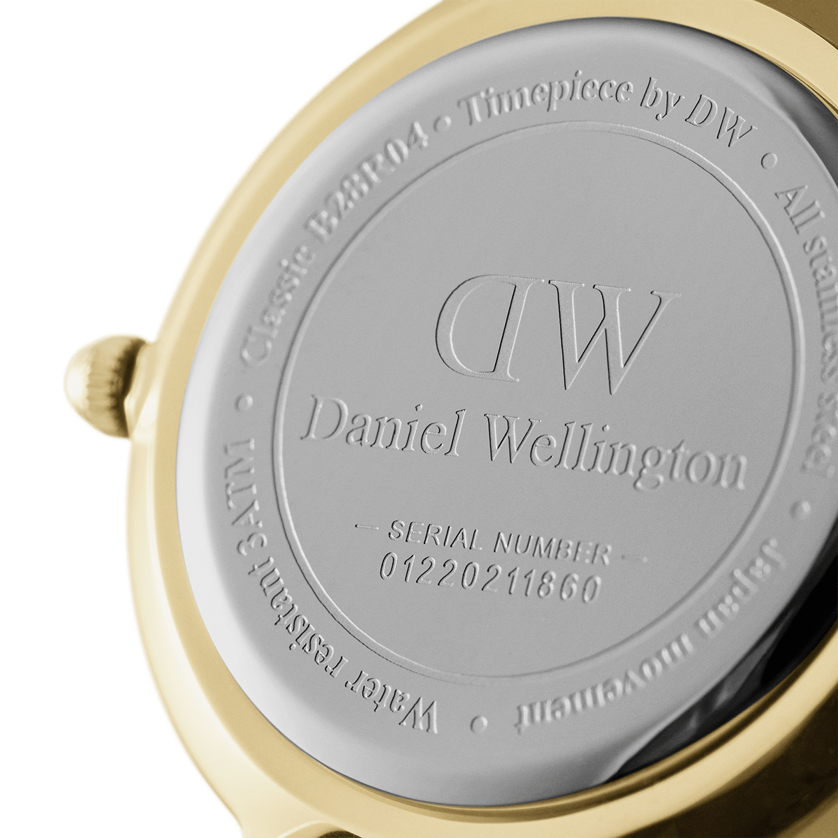 Engraved caseback with Daniel Wellington branding and serial number DW00100349