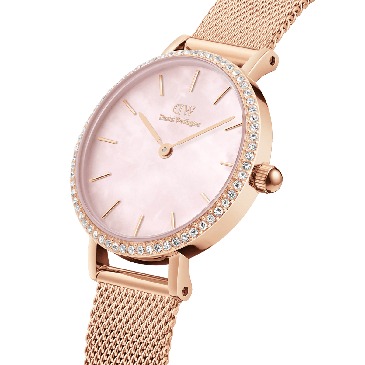 Side angle view of Daniel Wellington Petite Lumine watch with rose gold mesh strap