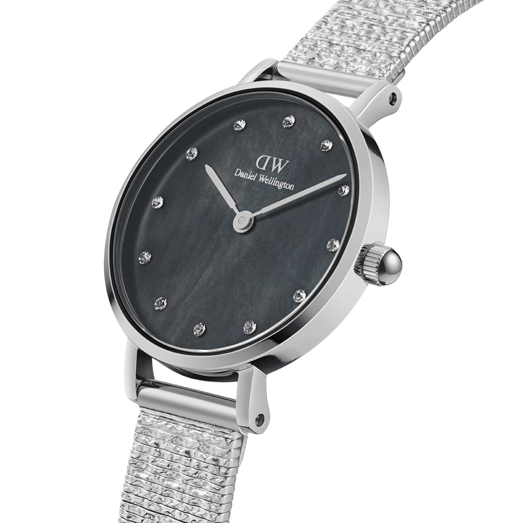 Daniel Wellington Petite Lumine angled view showing black dial and silver mesh strap